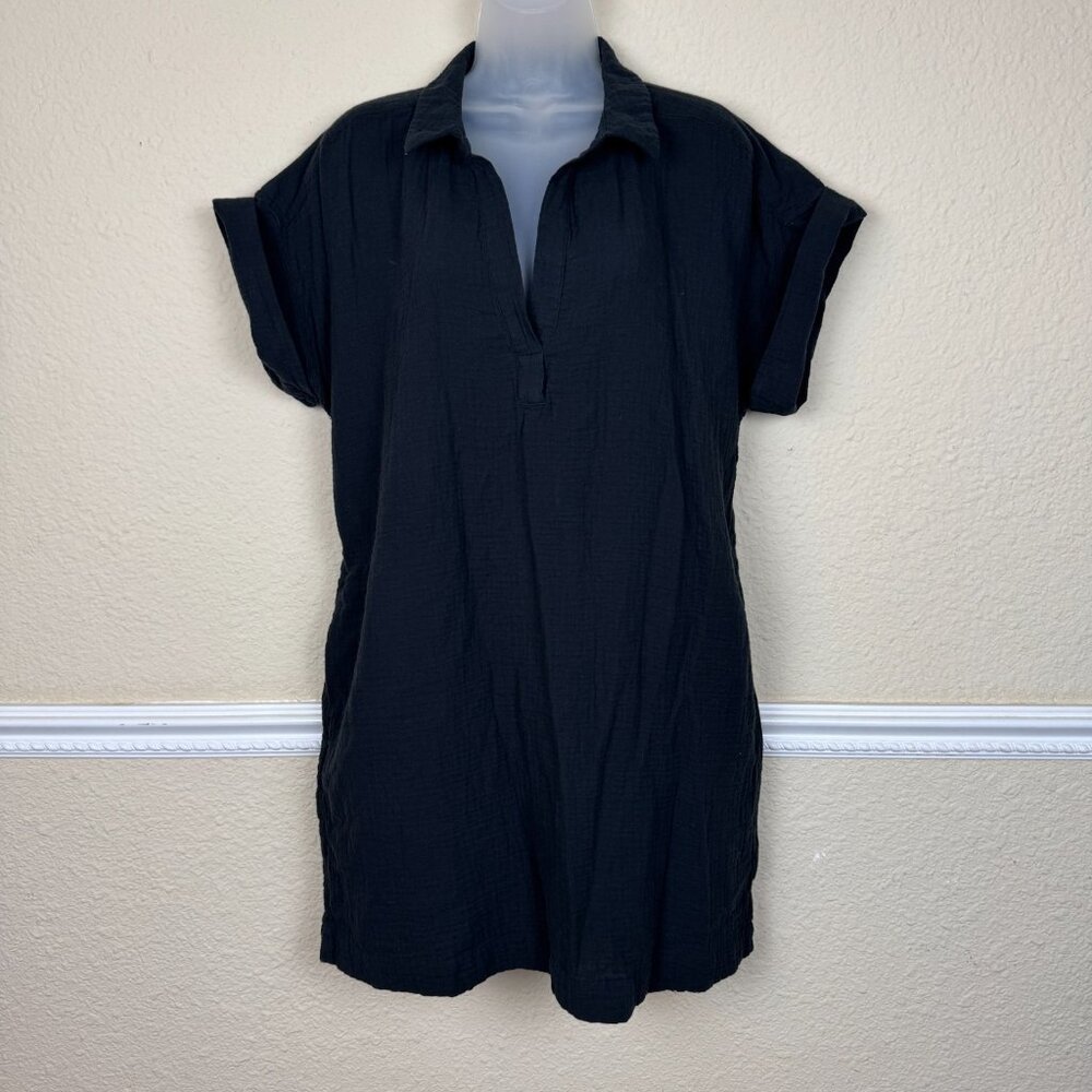 J Crew 100% Cotton Short-sleeve Gauze Popover Dress With Pockets Size L Black